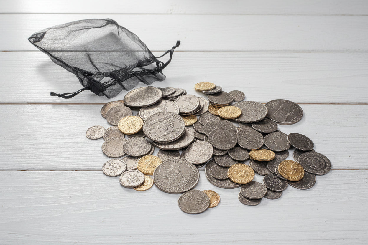 Piratenschatz im Beutel mit 100 Münzen / aus Metall ca. 1509 - 1776