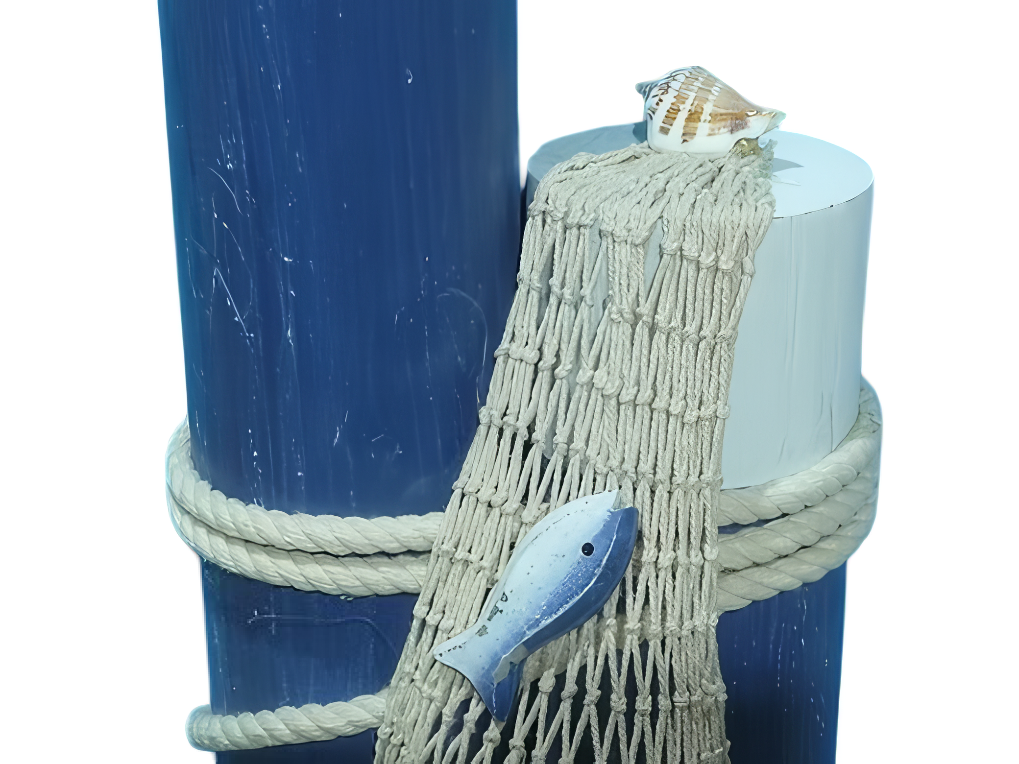 Deko - Poller aus Holz 63cm / mit Netz, Fisch & Muschel