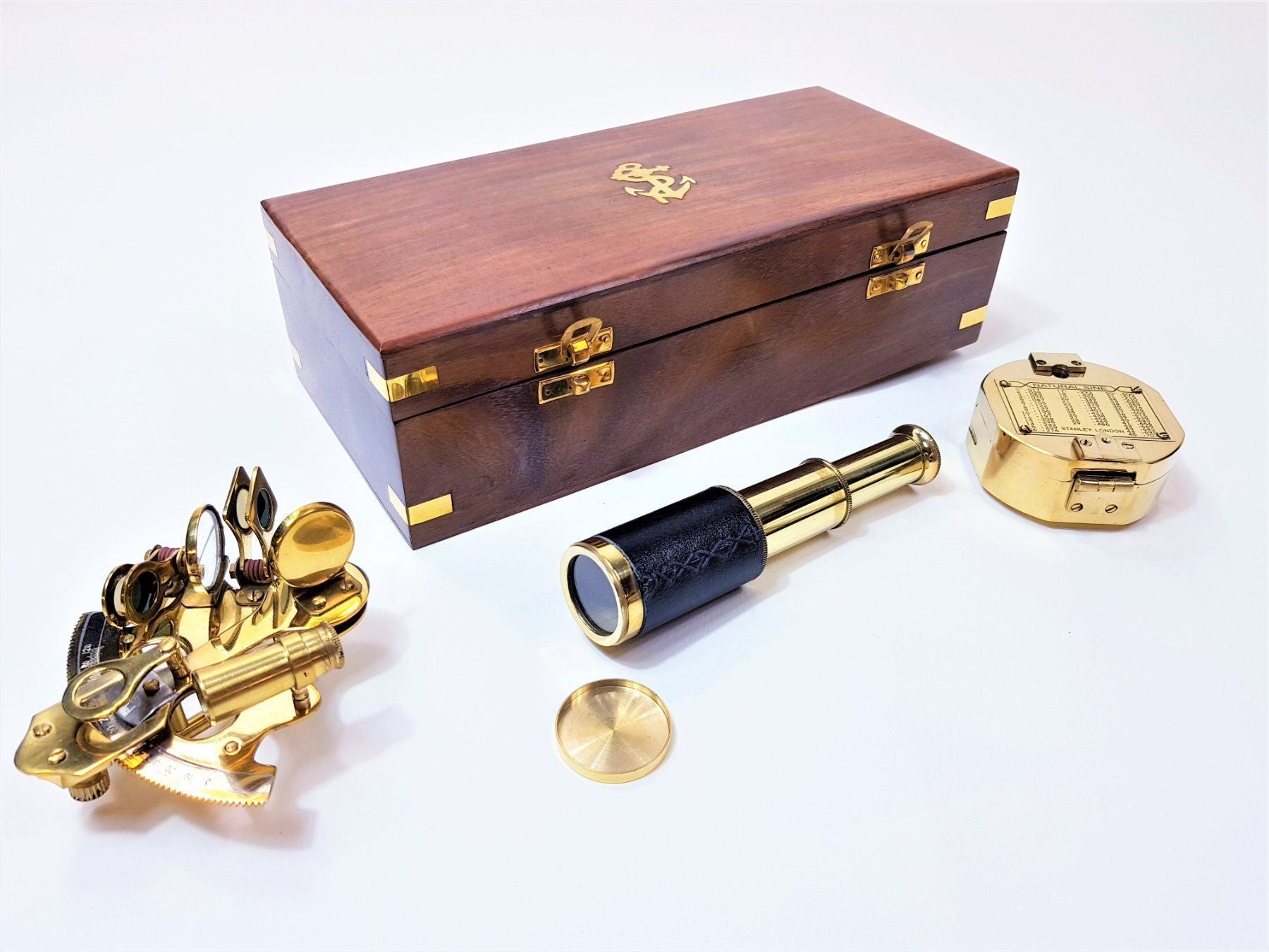 Teleskop 15cm, Sextant & Kompass in der Holzbox (Marine - Set) - SMA NAUTIC PRODUCTS