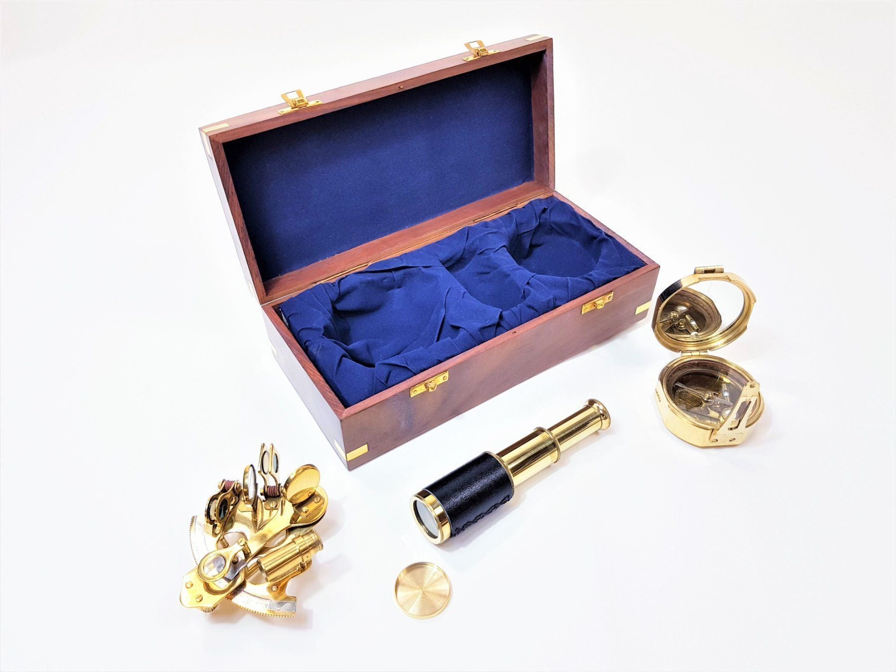 Teleskop 15cm, Sextant & Kompass in der Holzbox (Marine - Set) - SMA NAUTIC PRODUCTS