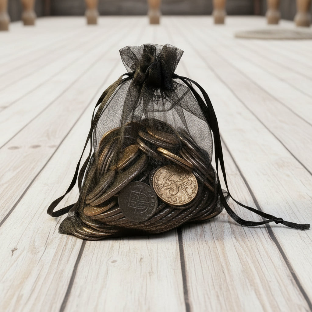 Piratenschatz im Beutel mit 100 Münzen / aus Metall ca. 1509 - 1776