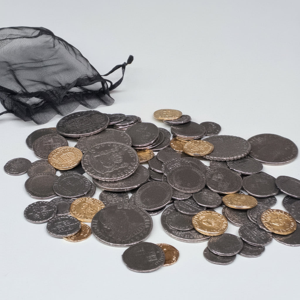 Piratenschatz im Beutel mit 100 Münzen / aus Metall ca. 1509 - 1776