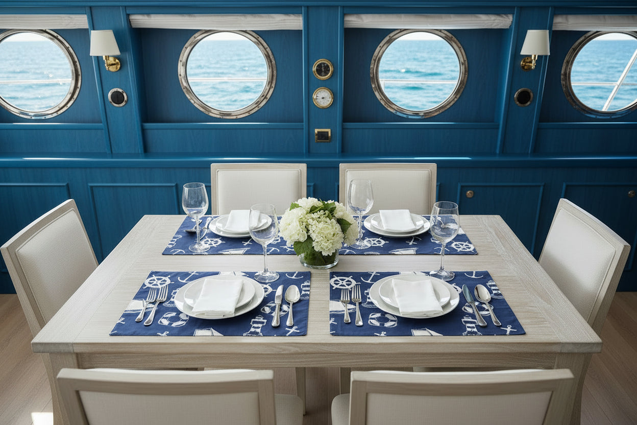 Maritimes Tischset aus Baumwolle in Blau-Weiß mit Anker, Steuerrad und Leuchtturm