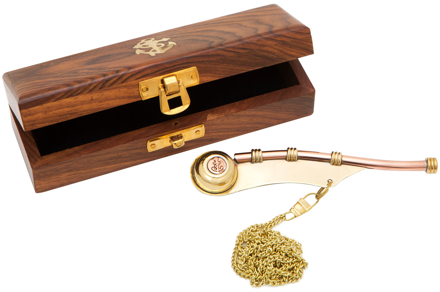 Bootsmannspfeiffe aus Kupfer in Holzbox