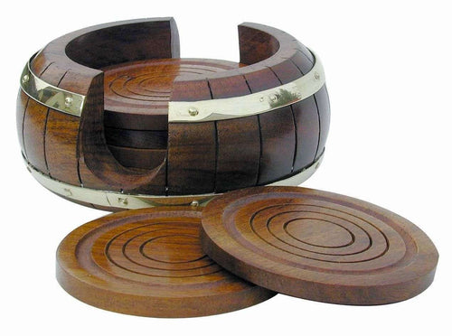 6 Untersetzer mit Ständer im Fassdesign Holz/Messing - SMA NAUTIC PRODUCTS